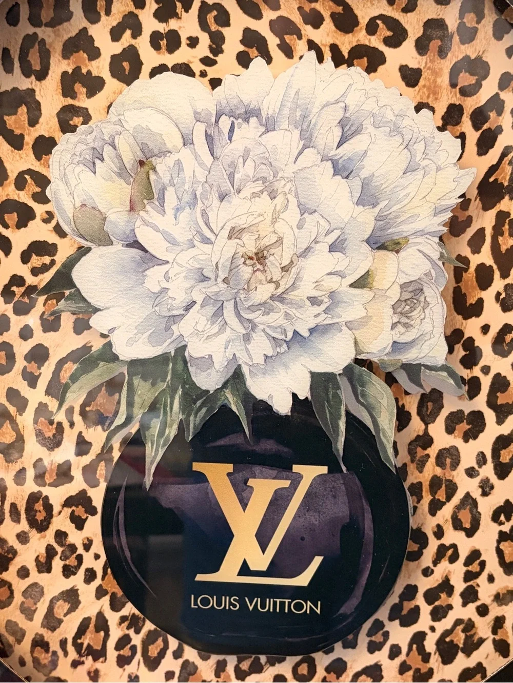 Fashion LV Black, Gold, White Leopard Floral Wall Art- 15” x 12 “